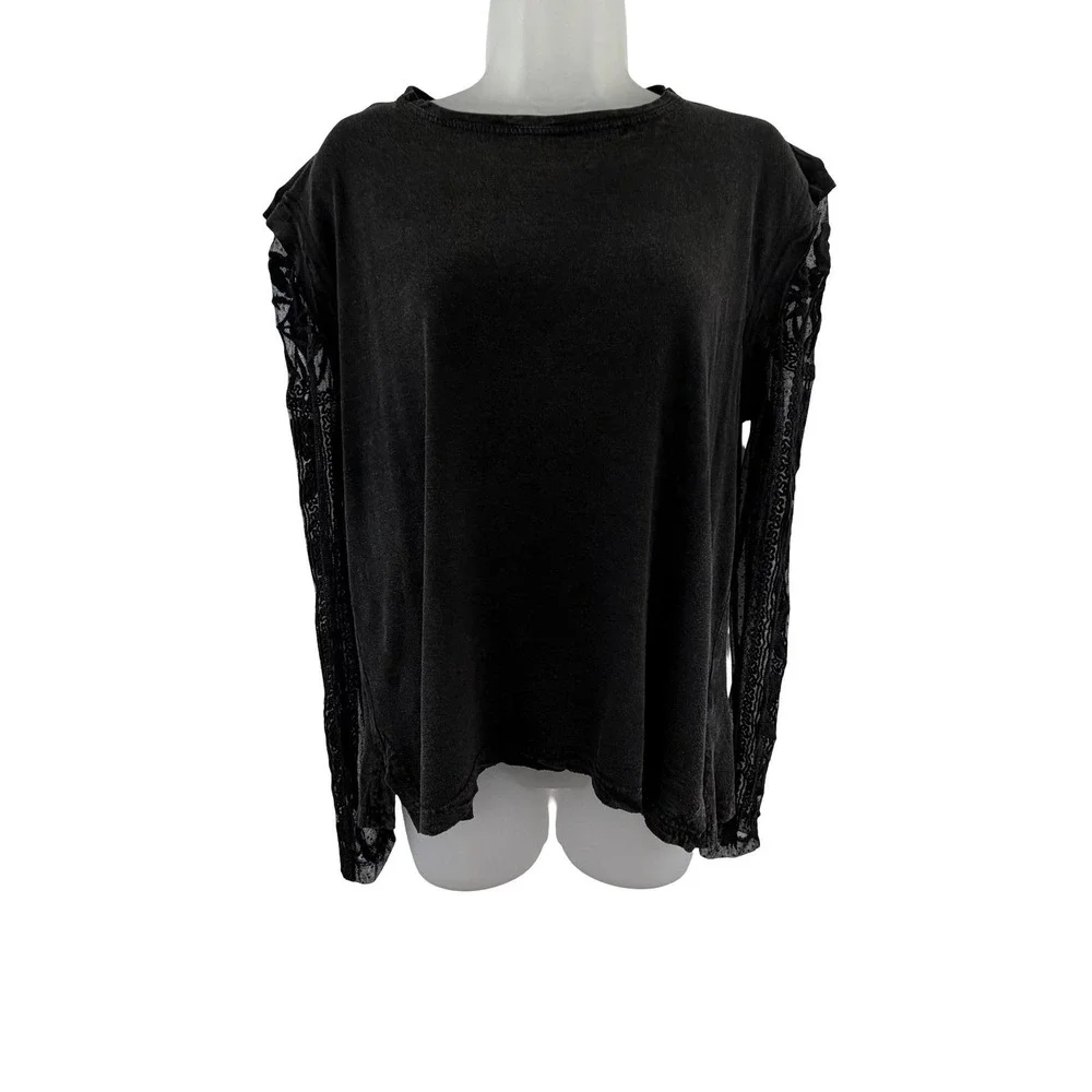 Free People Shirt Womens S Black Sheer Lace Embroidered Sleeve Top Whimsigoth